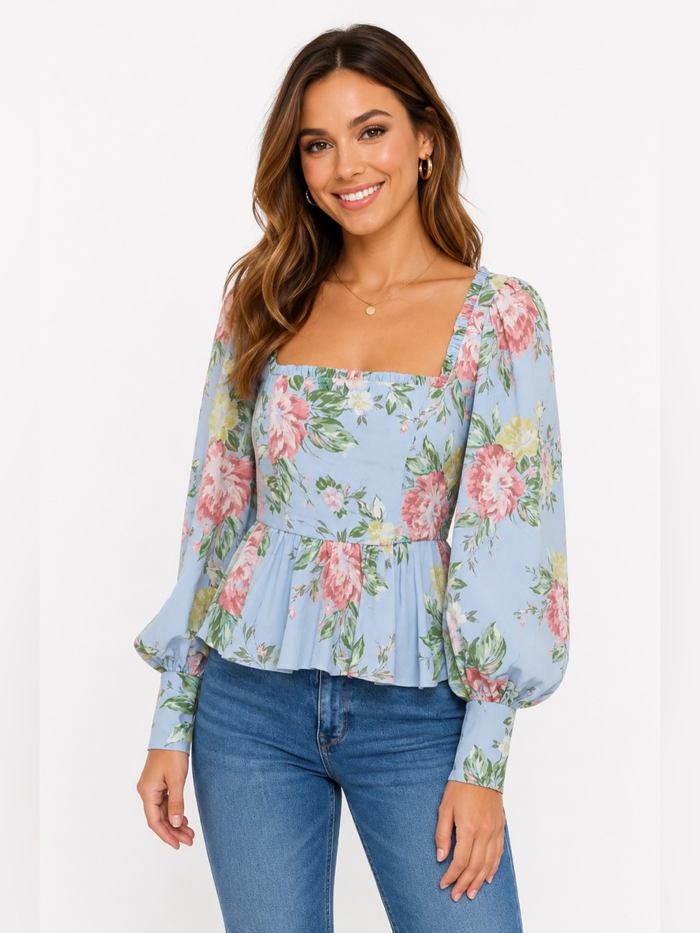 Anthropologie Yumi Kim Beatrice Hearts Delight Blue Floral Peplum Blouse Top